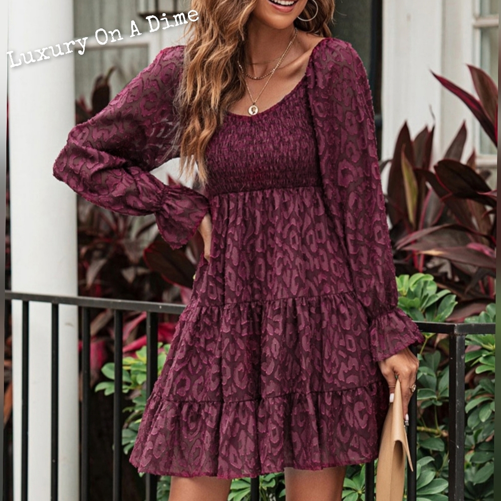Leopard Print Dess Tiered Sheer Long Sleeve Babydoll Mini Playful Outfit - Picture 4 of 11